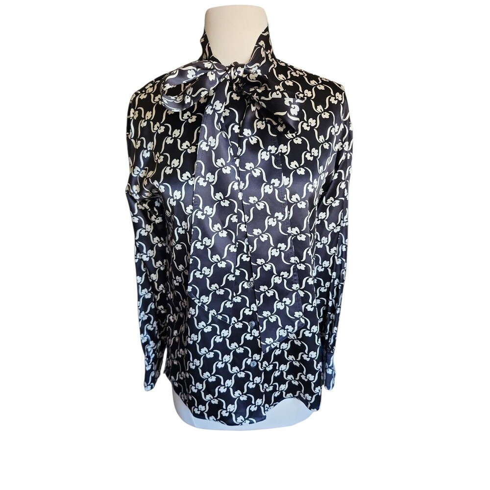 Tory Burch Preppy Silk Blouse Womens 00 Black Floral Button Down Bow Old Money